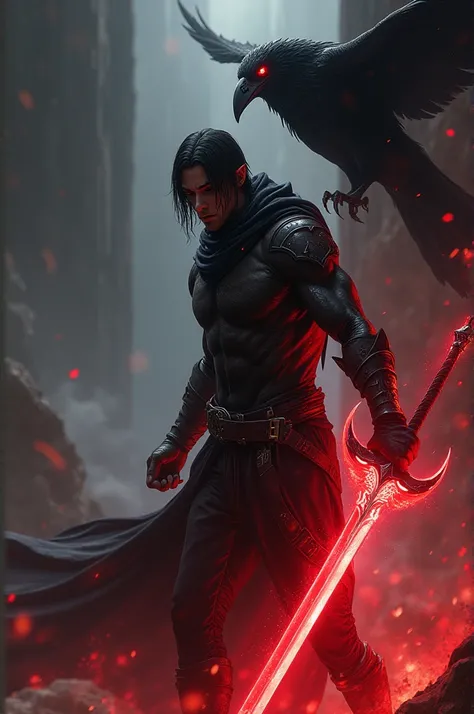 a 25-year-old black elf ,  with its right arm wrapped in demonic energy with a stoned sword surrounded by a red aura,  with a patron who is a red-eyed raven  