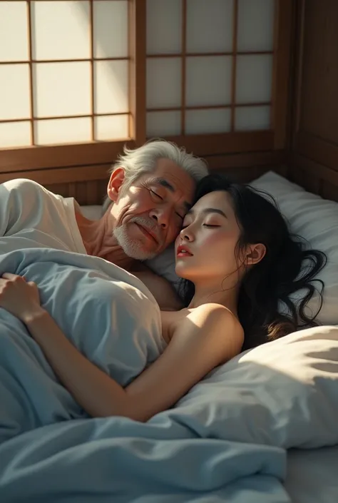 Beautiful Japanese girl sleeping in bed with old man high definition