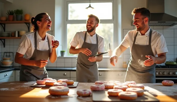 Three chefs dancing joyfully in a modern kitchen while making donuts. One chef swings their hips while kneading dough, another spins around with a spatula in hand, and the third jumps with excitement while sprinkling powdered sugar over the donuts. The kit...