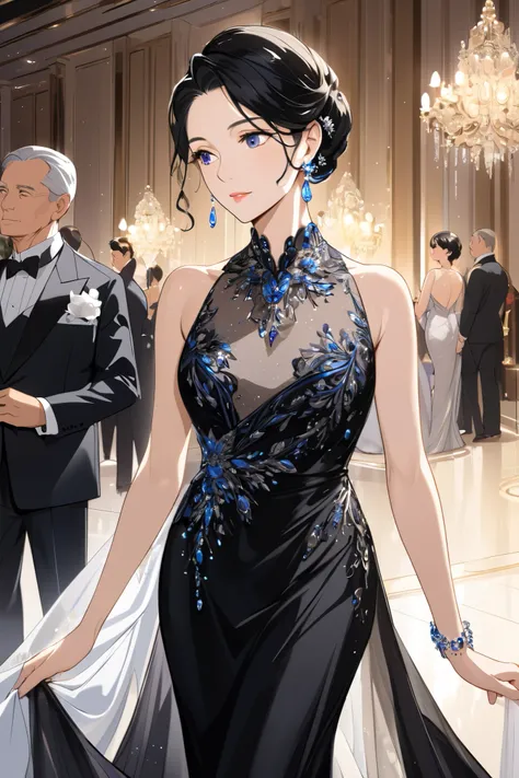 Luxury Hotel Gala ， Sideways Mature Lady ，Short black hair， Delicate and Luxurious Evening Dress，Crystal earrings，Delicate facial features， Keen and Sophisticated ，Mother，President，Cold