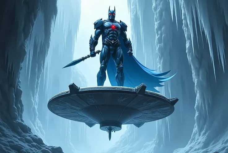 Mr. freeze flying on a black plataform over an ice lair, with a gun in hand. Serious