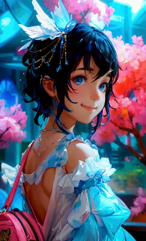 oil painting, Like a game cover、background（aquarium、amusement park、people々There is、Date Scene、blue and black contrast）、 pose（ looking back）、 character（Tree Eyes,Sparkling blue eyes、smile）、Hairstyle（ medium hair,  black and blue hair）、clothing（  white shirt...