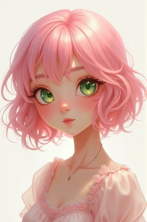 , cute, pink hair, bob, fluffy hair, green eyes, petite,