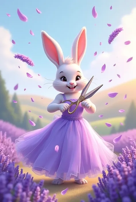 A rabbit ruining a beautiful lavender petal dress with scissors cartoon