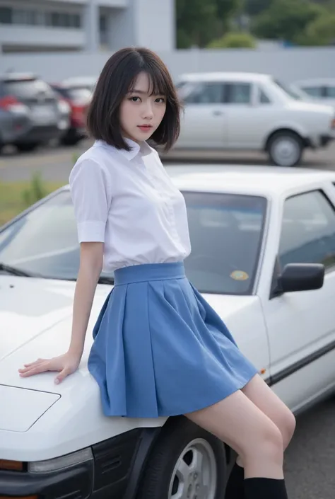 A young woman in a school uniform posing next to a white car Toyota AE86. She sitting on the hood of a car. She is wearing a blue skirt, a white blouse, and black knee-high socks. Her hair is styled in a bob with bangs and she is looking directly at the ca...