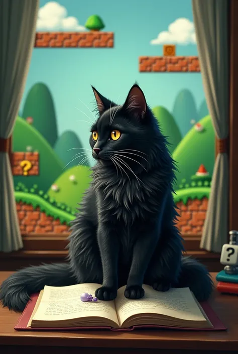 Only image of a black cat with long hair using a notebook and showing the Mario Bros plain background in the notebook