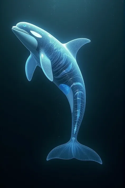 Created an image of a killer whale. The genes were mixed with the genes of a sea angel creature to become a creature with the same shape as an orca but with a body so transparent that the internal organs could be seen beautifully shining in the deep sea.