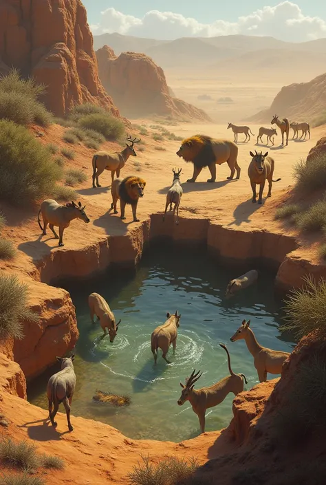 Create a detailed illustration featuring a dynamic scene of various wild animals gathering around a waterhole. Highlight the tension, suspense, and the raw desperation for survival in a harsh environment."