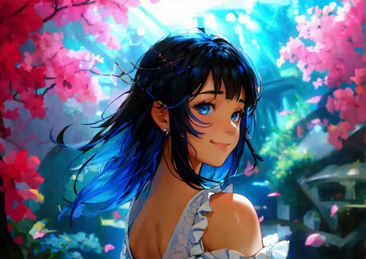 oil painting, Like a game cover、background（aquarium、amusement park、people々There is、Date Scene、blue and black contrast）、 pose（ looking back）、 character（Tree Eyes,Sparkling blue eyes、smile）、Hairstyle（ medium hair,  black and blue hair）、clothing（  white shirt...