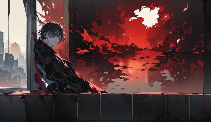 Hyun Cha sits alone on a bloodstained couch in his apartment, staring out of the window at a burning cityscape. His reflection in the cracked glass shows his half-transformed face—one side human, the other monstrous.