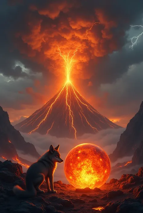 A vertical image depicting an active volcanic landscape with a massive volcano erupting streams of lava under a dark, stormy sky filled with black clouds and striking lightning. In the foreground, a baby wolf is see curiously gazing at a glowing red crysta...