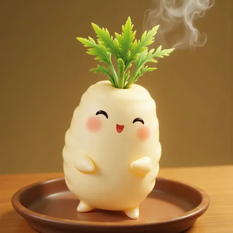 (masterpiece, top quality, very detailed depiction, Incredible Hi-Res,Photographic images),白い大根の形をしたmanju, looks delicious, steam , Green Leaves ,manju,It looks warm