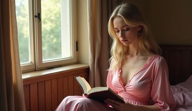 white American beautiful hot Blonde girl sitting at the window side in the hostel room Reading the book with sadness while wearing pink silk dress.
