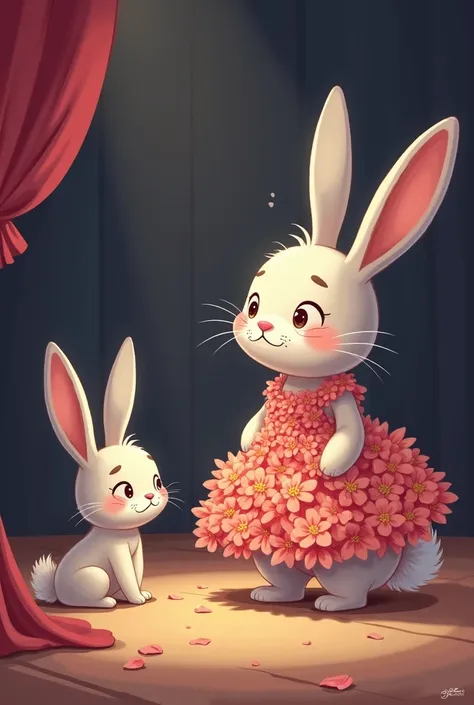 A rabbit in the corner crying on stage because theres another rabbit who make the most beautiful petal dress out of actual flower petals and winning cartoon
