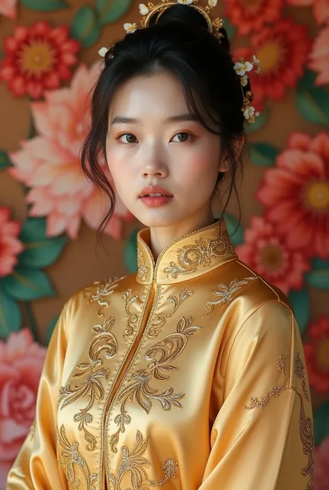 Real photo  full body of a beautiful korea face girl wearing gold color kebaya with gold ink color beads beground begounvil flowers colorful color opaque super quality UltraHD 