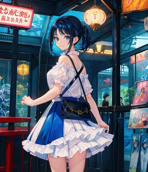 oil painting, Like a game cover、background（aquarium、amusement park、people々There is、Date Scene、blue and black contrast）、 pose（ looking back）、 character（Tree Eyes,Sparkling blue eyes、smile）、Hairstyle（ medium hair,  black and blue hair）、clothing（  white shirt...