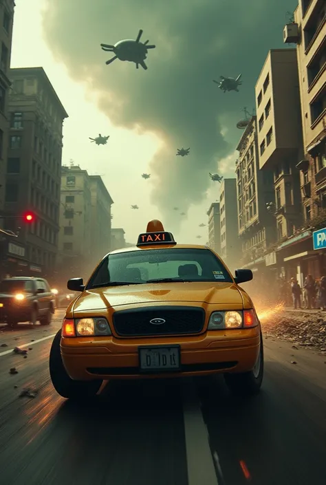 Make me a video of how the taxi drives and the driver moves in panic because the city is being attacked by aliens