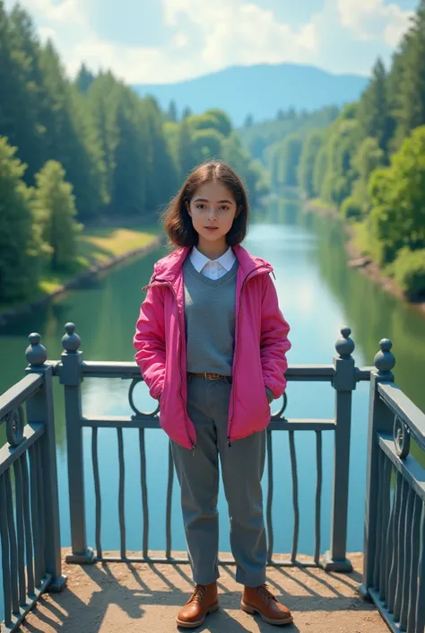 samoilovaflux, Standing on a bridge overlooking a river,1 girl, pink jacket, grey sweater, collared shirt, untucked shirt, pants, brown footwear,