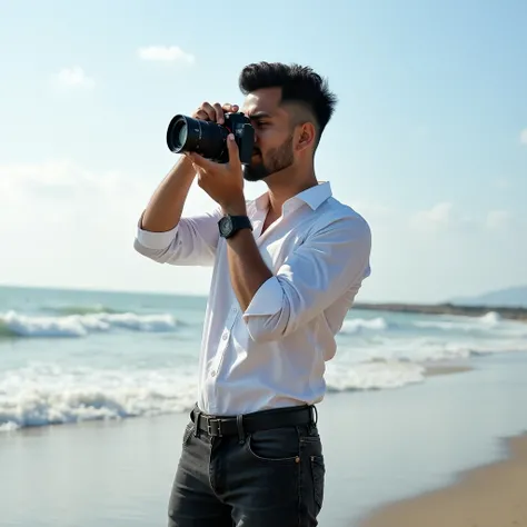 Make a picture. A Bangladeshi thirty-year-old man is standing on the beach in style with a camera in hand. Wearing black jeans and a stylish shirt. But camera doesn’t cover his face. The man don’t have any beard.