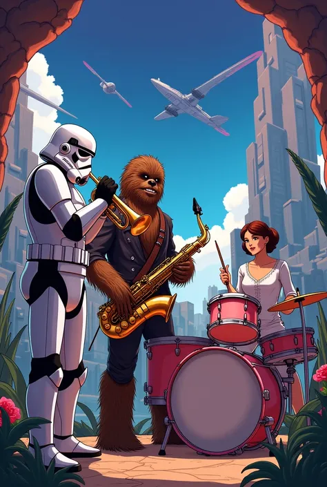 stormtrooper avec trompette, Chewbacca avec saxophone et Princess Leïa à la baterrie dans une jam de Jazz le tout dans lunivers de Dragon Ball Z 