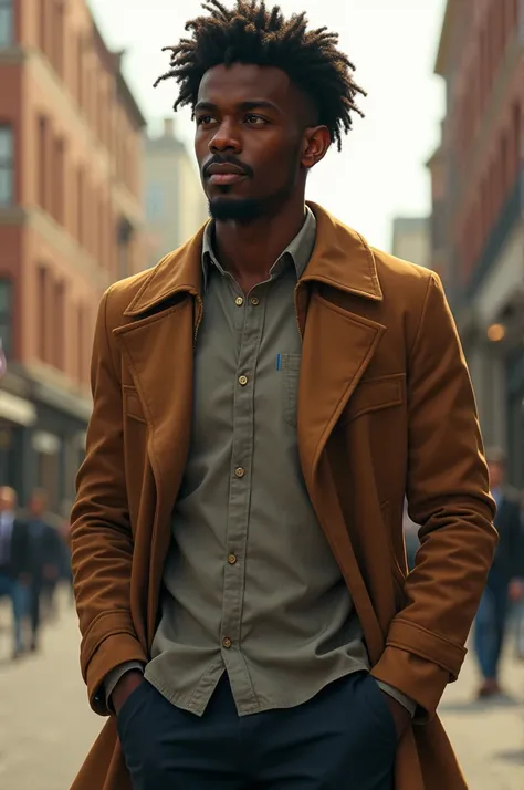 A young black man with calme soul extremely strong at school and mind caught in a whirlwind. Dressed with coat and laugh with His comrades 