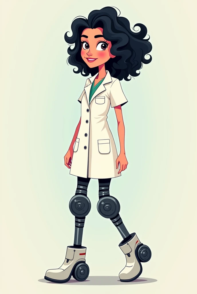 Cartoon curly black haired nurse in white coat with crankshaft legs 