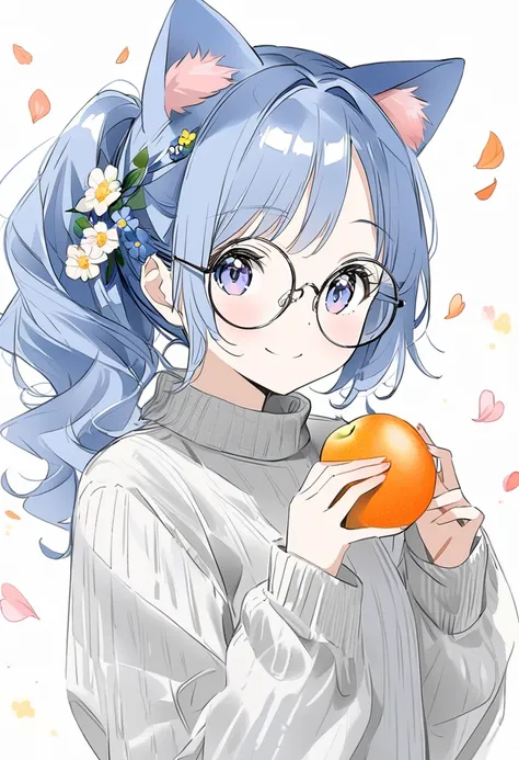 a cute little  in cat ears,  1girl, (animal ears),long hair, navy blue hair, light blue eyes, round eyewear, ponytail, cat tail, smile, blushful, looking at viewer, hair ornament, long sleeves, holding, brown eyes, jewelry, closed mouth, upper body, flower...