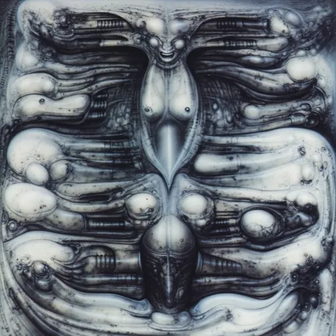 H. R. Gigers g1g3r, , Giger_style, H. R. Gigers g1g3r, , Giger_style, The image is a detailed view of H.R. Gigers " HRG NY CITY " plate, featuring ( image is a surreal and complex artwork featuring various human-like figures with skeletal features, interco...