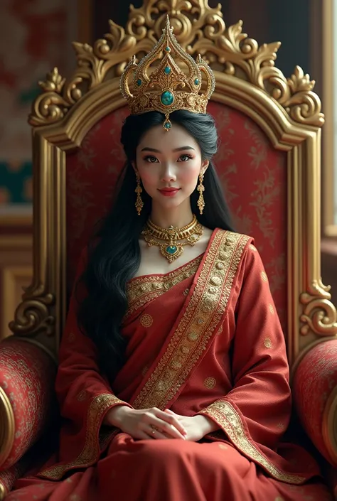 Thai Woman, black hair, dressed as the Queen of the Kingdom, wearing a crown, sitting on the royal chair .