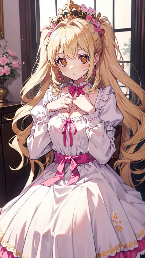 (8k, top quality, masterpiece : 1.2), Ultra-high definition ,,  Marie Antoinette  ,  super detailed face ,fine grain,  just the entrance to the basement of the castle  ,( blonde alone ),  long hair,  wavy hair  , break,Rococo Ruffle Dress,Long sleeve dress...