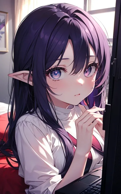 yuukikonno , Yuki Konno ,  Hair Band ,  long hair,  pointy ears ,  purple hair , (Ojos rojos:1.5), ( small breasts:1.2),choke,Tilt one &#39;The face of s, twin pigtails, Open your mouth,smile,blush, She was wearing a maid skirt ,  black tights on her legs ...