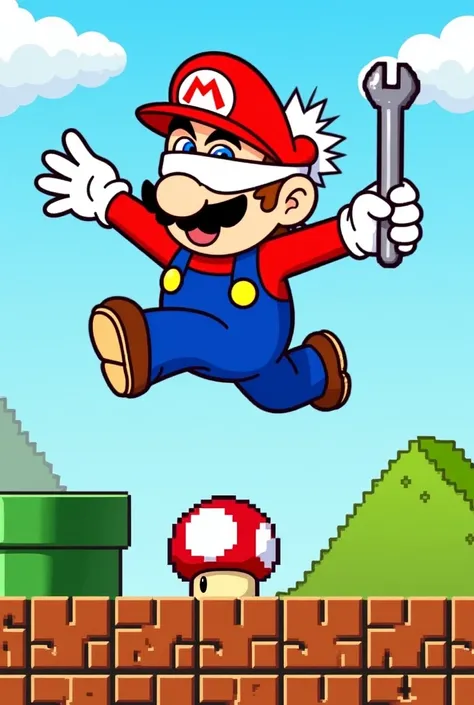 score_9, score_8_up, score_7_up, score_6_up. Satoru Gojo is dressed as Super Mario, with a blue overalls and a red shirt. He sports a stylized mustache and a red hat with the letter "G" instead of "M". His blue eyes are covered by a white blindfold, and he...