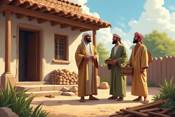 A vibrant and hopeful scene of Abu Bakr speaking with skilled workers outside the elderly woman’s house. They are carrying building materials and tools. The house is shown in the background, with a sense of anticipation for its transformation.