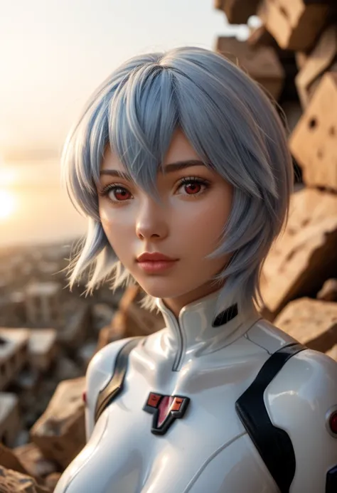 score_9, score_8_up, score_7_up, Western Comics, Portrait, (Ayanami Rei), cute, seductive, innocent, light smile:0.3, plump lips, slender body, red eyes, short light blue hair, floating hair, white plugsuit, sunset, rubble in the background, depth of field...