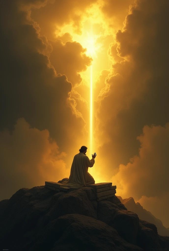 " Dark and gold art inspired by the biblical story of Abraham and Isaac .  The scene takes place on top of a mountain surrounded by dark clouds .  A ray of divine golden light crosses the clouds ,  illuminating Abraham ,  that is kneeling with hands raised...