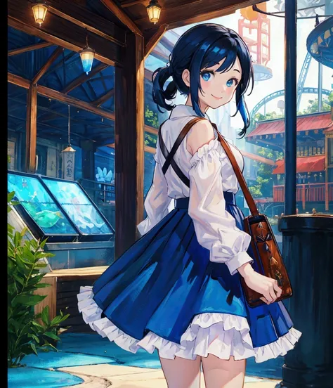 oil painting, Like a game cover、background（aquarium、amusement park、people々There is、Date Scene、blue and black contrast）、 pose（ looking back）、 character（Tree Eyes,Sparkling blue eyes、smile）、Hairstyle（ medium hair,  black and blue hair）、clothing（  white shirt...