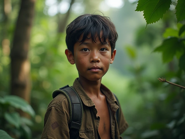 A 15-year-old boy dressed in shabby clothes in the woods, realistic, Photography, scenne design ,  Indonesian style 