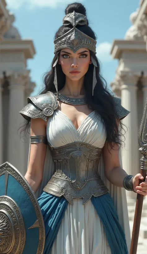 Athena, the Greek goddess of wisdom, strategy, and just war, has a majestic and imposing appearance. She stands up straight and has a piercing gaze that reflects her confidence and determination.
Her face is beautiful but austere, with elegant, sharp featu...