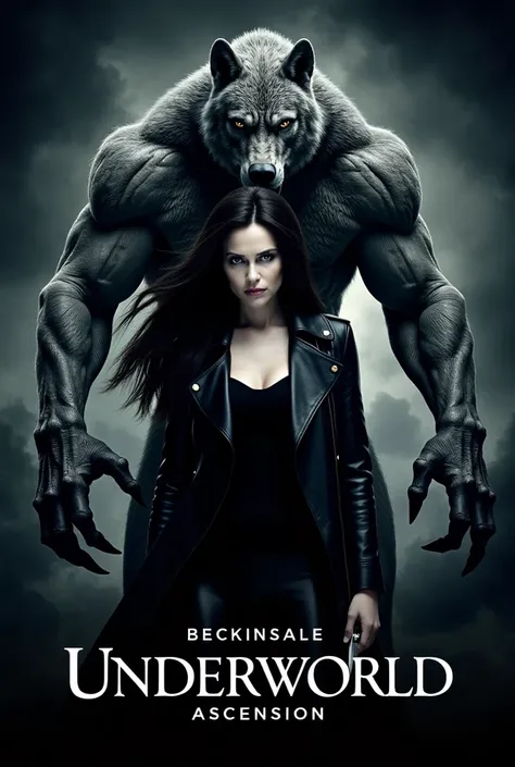 This is a digitally-created promotional image for the movie "Underworld Ascension" (2016). It features Kate Beckinsale as Selene, a pale-skinned woman with long black hair, dressed in a black leather trench coat and bodysuit, holding a dagger. Behind her i...