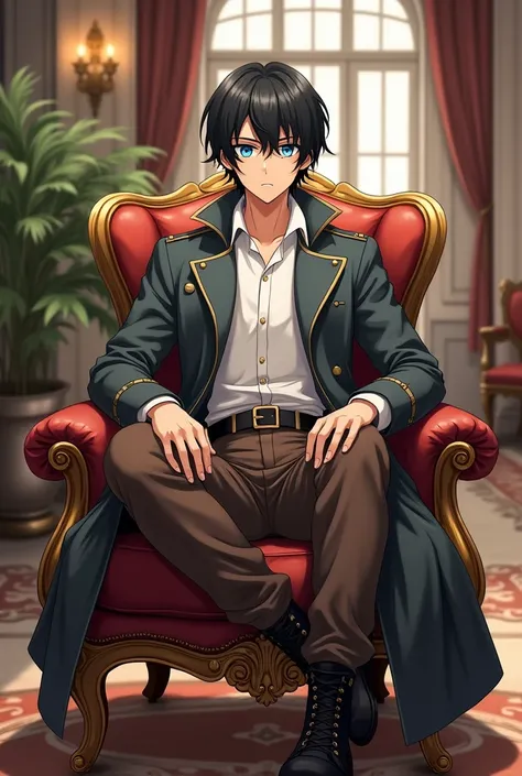 Inspired by the previous image and by the steampunk subgenre and Victorian Era Europe, create in anime style a young adult of medium height and athletic body, with fair skin, blue eyes and medium-length wavy black hair. He will be wearing a simple white sh...