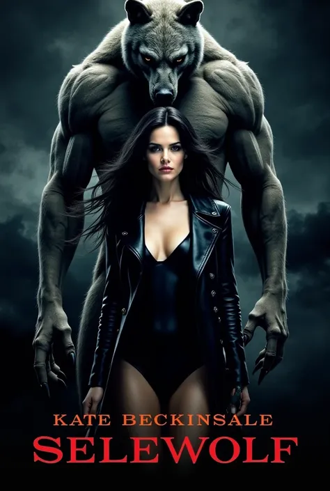 This is a digitally-created promotional, It features Kate Beckinsale as Selene, a pale-skinned woman with long black hair, dressed in a black leather trench coat and bodysuit, holding a dagger. Behind her is a towering, muscular werewolf with grey skin and...