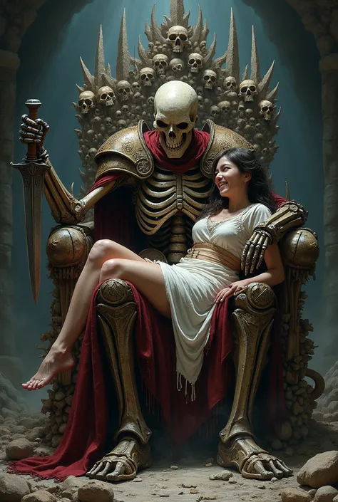  A skeleton warrior sits on a throne of bones ,  a skeleton in rusty armor , the skeleton has white bones ,  the throne consists of bones and s ,  in his right hand, the skeleton holds an 18 year old girl,  in the left hand The skeleton has a dagger ,  the...