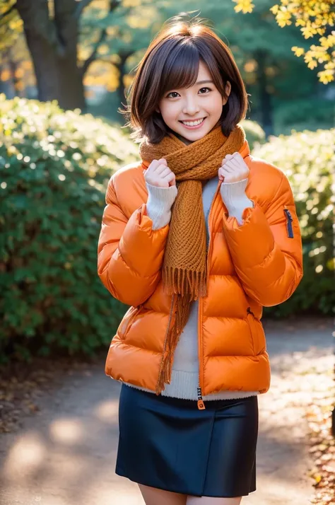 (8k, RAW photo, photorealistic, HQ, masterpiece), a cute Japanese girl,(glowing eyes), 
(laugh ), brown hair, fluffy Pixie Bob hair, large breasts, curvy, (Scarf, orange down jacket, tight long skirt), 
standing pose, Seductive pose, (winter nature park), ...