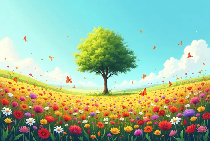 Colourful field of flowers and one tree 