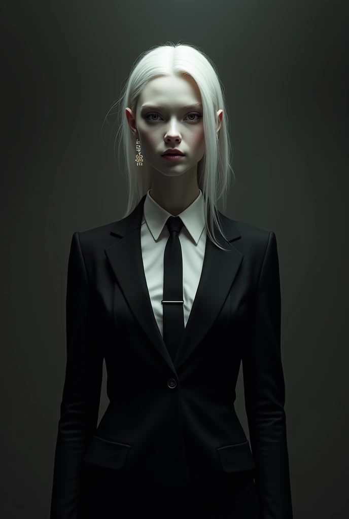 A white-haired, pale-skinned character with small star earrings and a black suit and 