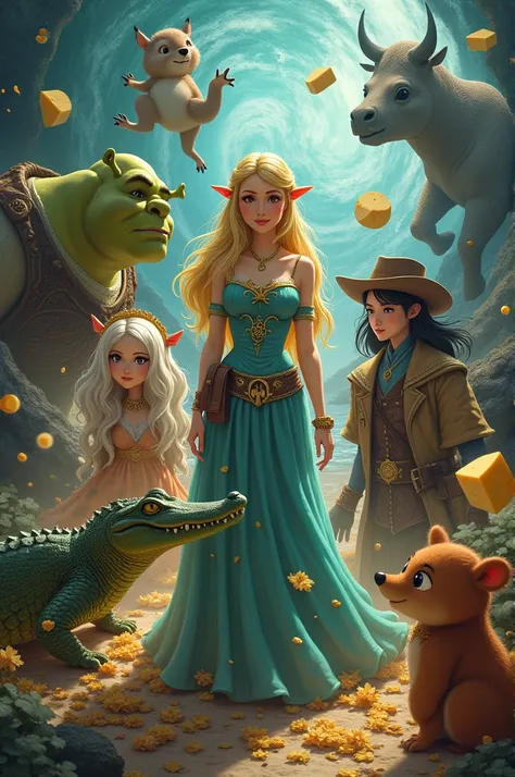 princesse Zelda. entouré d’un crocodile, un écureuil, Shrek, un rhinocéros, d’une asiatique, une bouteille d’eau, un cow-boy, un âne, une bison volant, un fromage, un robot, geralt de riv, avec des flamme et des vague en arrière plan 