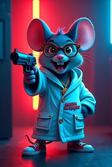 Digital cartoon illustration of a mouse wearing a white robe and holding a gun in its right hand. the mouse has a big smile on its face and is wearing glasses,chain and shoes. the background is dark with red and blue lights, giving the impression that the ...