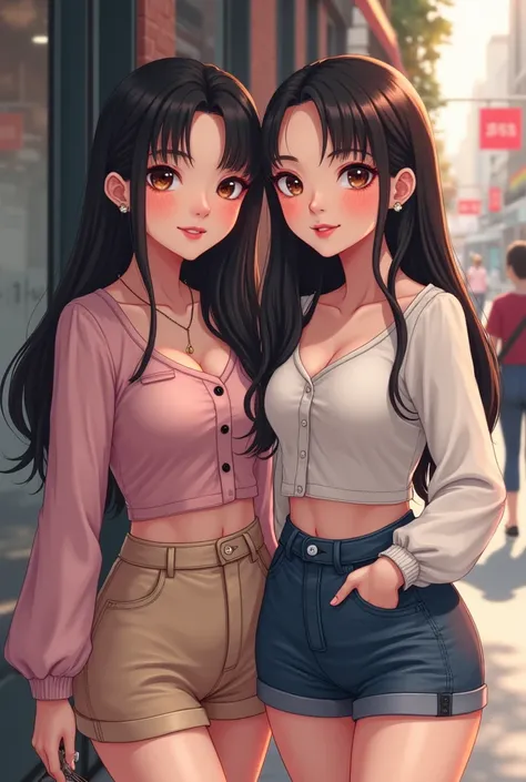  2 beautiful asian girls like kpop idols are hanging out, wear long sleeves and short skirts