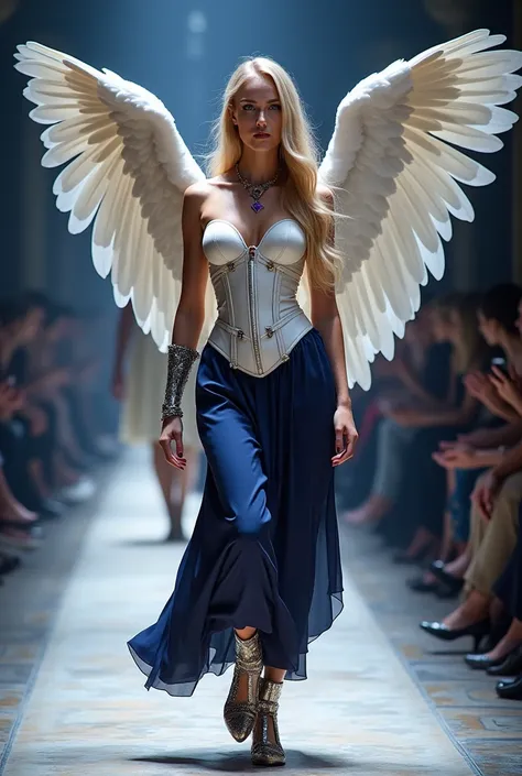 Fashion show, blonde woman, very long blonde hair, dark blue eyes, wearing white silk leather corset dress and navy blue silk skirt,  precious stone boots, amethyst jewelry.. and man, hair down to shoulders, wearing ancient Greek clothing , big white wings...