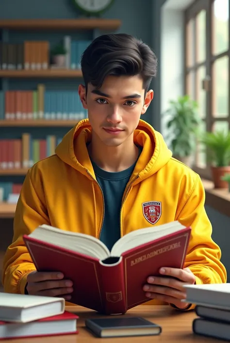  25-year-old boy in a yellow jacket with a logo that says Universidad de Villarreal , studying a book that says Business Administration 